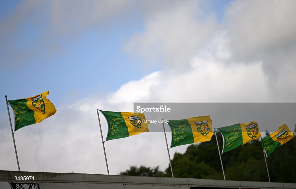 13 June 2026; Donegal flags blow in the wind before the GAA Football All-Ireland Senior Championship Round 2A match between Donegal and Cork at MacCumhaill Park in Ballybofey, Donegal. Photo by Ramsey Cardy/Sportsfile