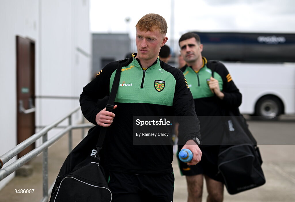 13 June 2026; Oisin Gallen of Donegal arrives before the GAA Football All-Ireland Senior Championship Round 2A match between Donegal and Cork at MacCumhaill Park in Ballybofey, Donegal. Photo by Ramsey Cardy/Sportsfile