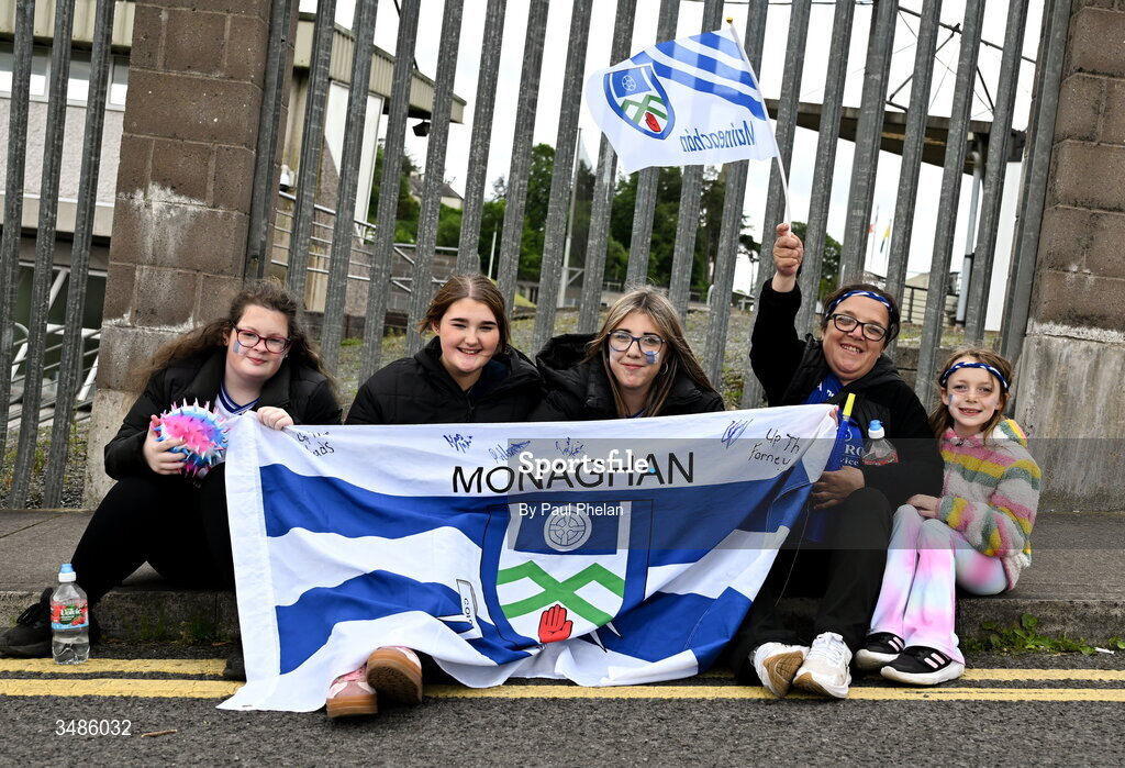 13 June 2026; Monaghan supporters Makenzie McClave, Niamh Connolly, Shania McAviney, Sharon Cawley and Saorise McAviney , from Monaghan Town, before the GAA Football All-Ireland Senior Championship Round 2B match between Monaghan and Roscommon at St. Tiernach's Park in Clones, Monaghan. Photo by Paul Phelan/Sportsfile