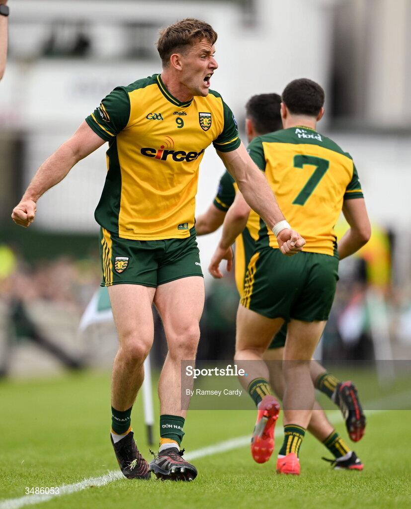 13 June 2026; Hugh McFadden of Donegal celebrates during the GAA Football All-Ireland Senior Championship Round 2A match between Donegal and Cork at MacCumhaill Park in Ballybofey, Donegal. Photo by Ramsey Cardy/Sportsfile