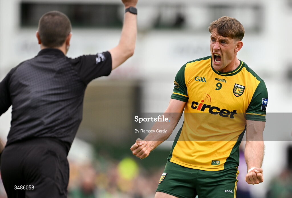 13 June 2026; Hugh McFadden of Donegal celebrates during the GAA Football All-Ireland Senior Championship Round 2A match between Donegal and Cork at MacCumhaill Park in Ballybofey, Donegal. Photo by Ramsey Cardy/Sportsfile