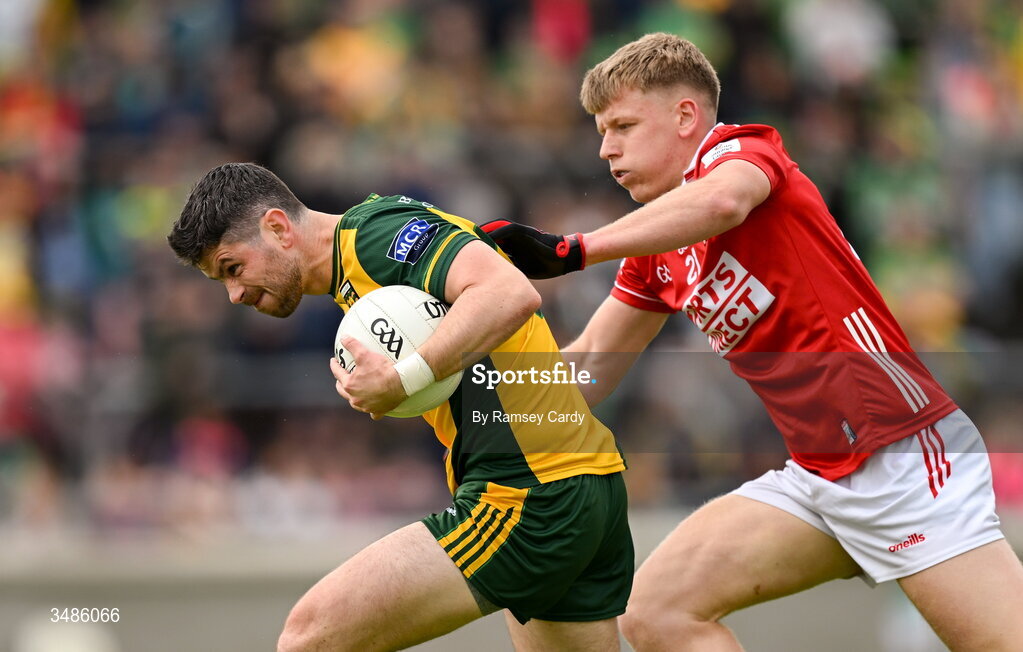 13 June 2026; Ryan McHugh of Donegal in action against Dara Sheedy of Cork during the GAA Football All-Ireland Senior Championship Round 2A match between Donegal and Cork at MacCumhaill Park in Ballybofey, Donegal. Photo by Ramsey Cardy/Sportsfile