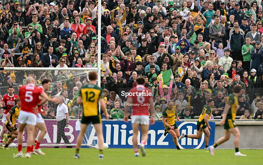 13 June 2026; Donegal supporters celebrate their side's first goal, scored by Conor O' Donnell, during the GAA Football All-Ireland Senior Championship Round 2A match between Donegal and Cork at MacCumhaill Park in Ballybofey, Donegal. Photo by Ramsey Cardy/Sportsfile