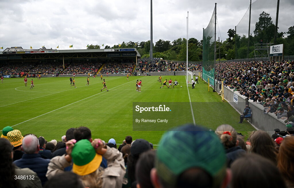 13 June 2026; A general view as Luke Fahy of Cork shoots wide of goal during the GAA Football All-Ireland Senior Championship Round 2A match between Donegal and Cork at MacCumhaill Park in Ballybofey, Donegal. Photo by Ramsey Cardy/Sportsfile