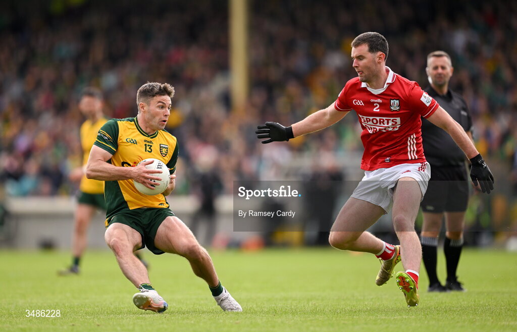 13 June 2026; Conor O'Donnell of Donegal in action against Maurice Shanley of Cork during the GAA Football All-Ireland Senior Championship Round 2A match between Donegal and Cork at MacCumhaill Park in Ballybofey, Donegal. Photo by Ramsey Cardy/Sportsfile