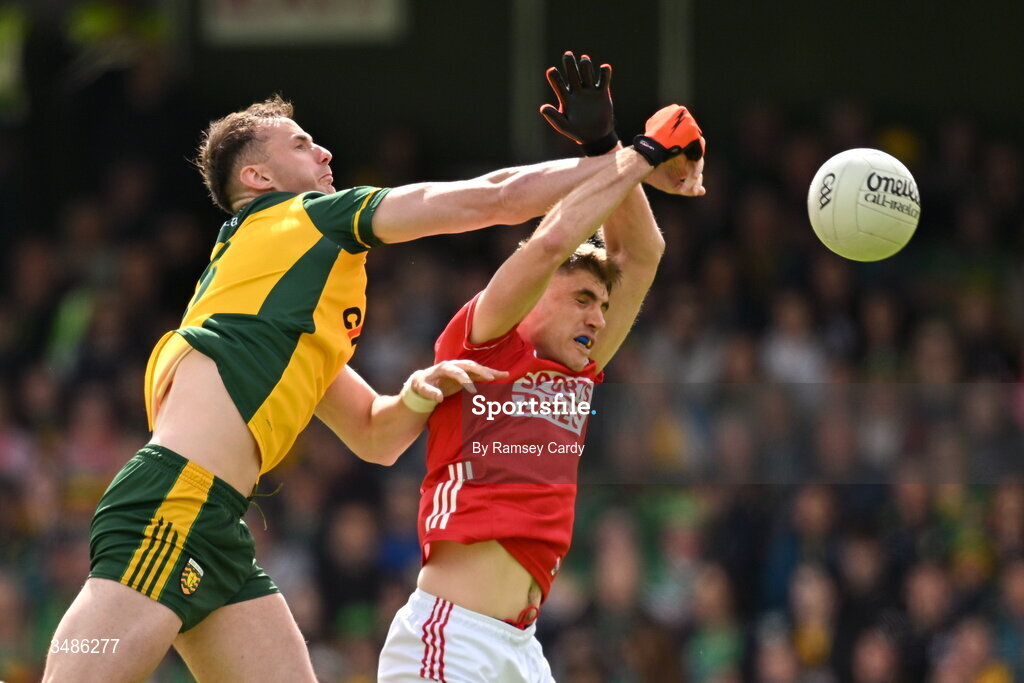 13 June 2026; Jason McGee of Donegal and Ian Maguire of Cork compete for the throw-in of the second half of the GAA Football All-Ireland Senior Championship Round 2A match between Donegal and Cork at MacCumhaill Park in Ballybofey, Donegal. Photo by Ramsey Cardy/Sportsfile