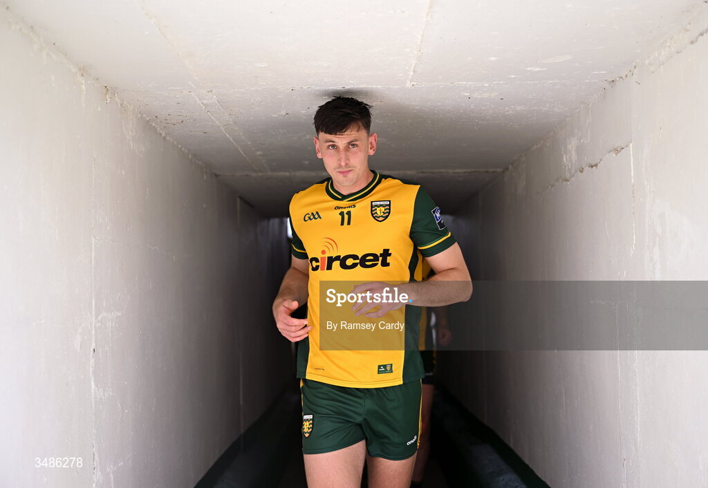 13 June 2026; Donegal captain Michael Langan leads his side out for the second-half of the GAA Football All-Ireland Senior Championship Round 2A match between Donegal and Cork at MacCumhaill Park in Ballybofey, Donegal. Photo by Ramsey Cardy/Sportsfile