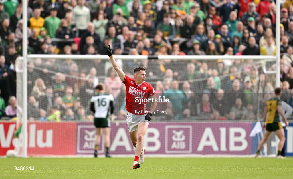 13 June 2026; Luke Fahy of Cork celebrates a two-point socre during the GAA Football All-Ireland Senior Championship Round 2A match between Donegal and Cork at MacCumhaill Park in Ballybofey, Donegal. Photo by Ramsey Cardy/Sportsfile