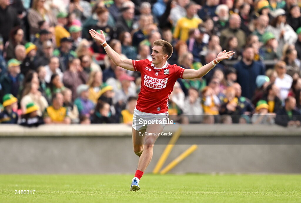 13 June 2026; Tommy Walsh of Cork celebrates a two-point socre during the GAA Football All-Ireland Senior Championship Round 2A match between Donegal and Cork at MacCumhaill Park in Ballybofey, Donegal. Photo by Ramsey Cardy/Sportsfile