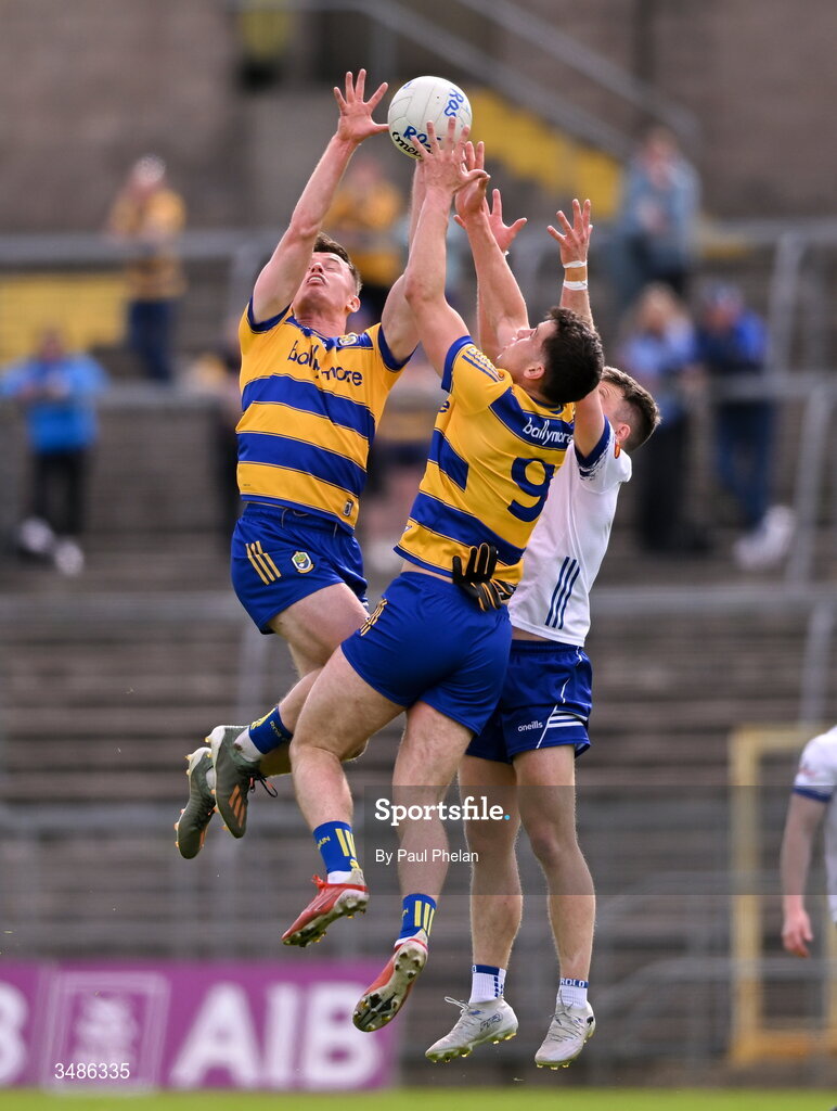 13 June 2026; Conor Ryan and Darragh Heneghan of Roscommon and Conor McCarthy of Monaghan contest a high ball during the GAA Football All-Ireland Senior Championship Round 2B match between Monaghan and Roscommon at St. Tiernach's Park in Clones, Monaghan. Photo by Paul Phelan/Sportsfile