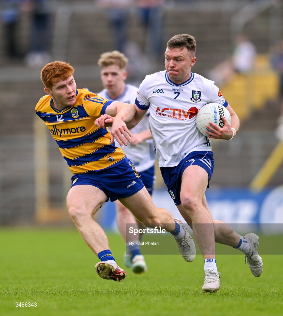 13 June 2026; Conor McCarthy of Monaghan in action against Colm Neary of Roscommon during the GAA Football All-Ireland Senior Championship Round 2B match between Monaghan and Roscommon at St. Tiernach's Park in Clones, Monaghan. Photo by Paul Phelan/Sportsfile