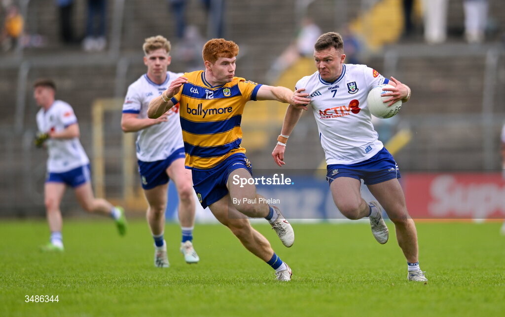 13 June 2026; Conor McCarthy of Monaghan in action against Colm Neary of Roscommon during the GAA Football All-Ireland Senior Championship Round 2B match between Monaghan and Roscommon at St. Tiernach's Park in Clones, Monaghan. Photo by Paul Phelan/Sportsfile