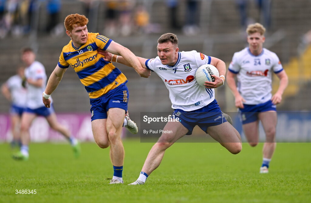 13 June 2026; Conor McCarthy of Monaghan in action against Colm Neary of Roscommon during the GAA Football All-Ireland Senior Championship Round 2B match between Monaghan and Roscommon at St. Tiernach's Park in Clones, Monaghan. Photo by Paul Phelan/Sportsfile