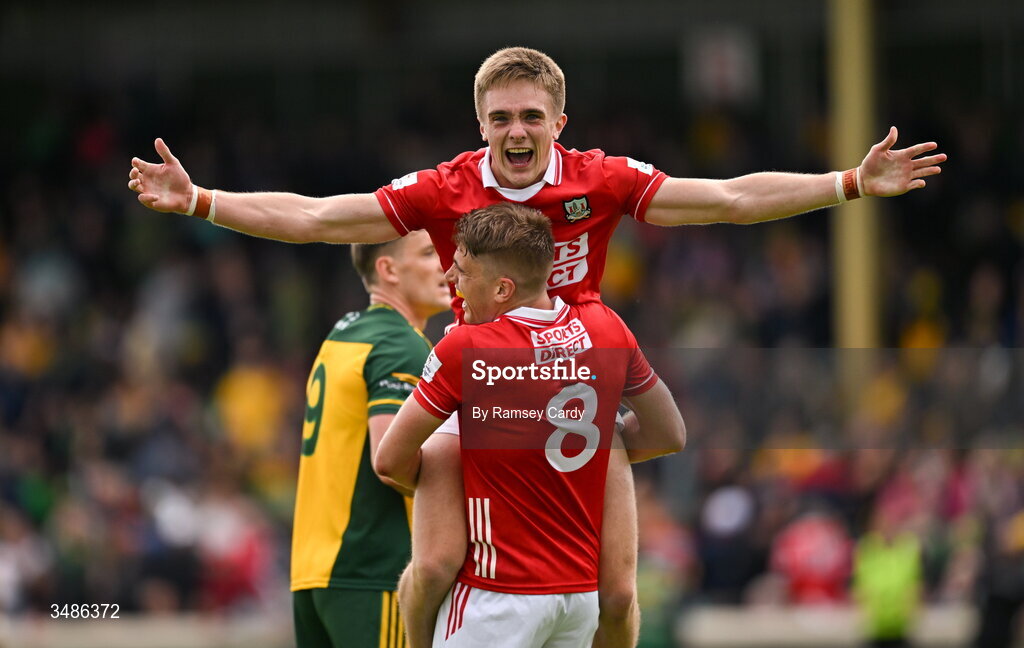 13 June 2026; Tommy Walsh, above, and Ian Maguire of Cork celebrate after the GAA Football All-Ireland Senior Championship Round 2A match between Donegal and Cork at MacCumhaill Park in Ballybofey, Donegal. Photo by Ramsey Cardy/Sportsfile