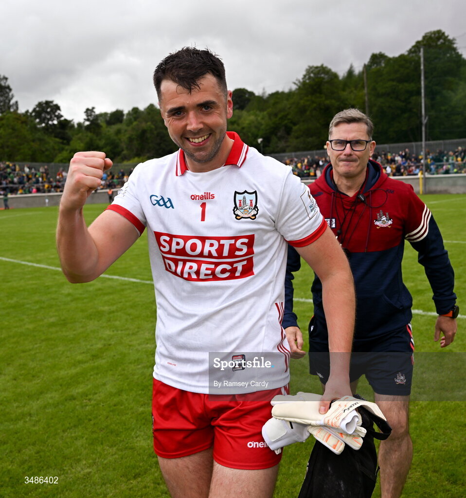 13 June 2026; Cork goalkeeper Patrick Doyle and coach Kevin Murray celebrate after the GAA Football All-Ireland Senior Championship Round 2A match between Donegal and Cork at MacCumhaill Park in Ballybofey, Donegal. Photo by Ramsey Cardy/Sportsfile