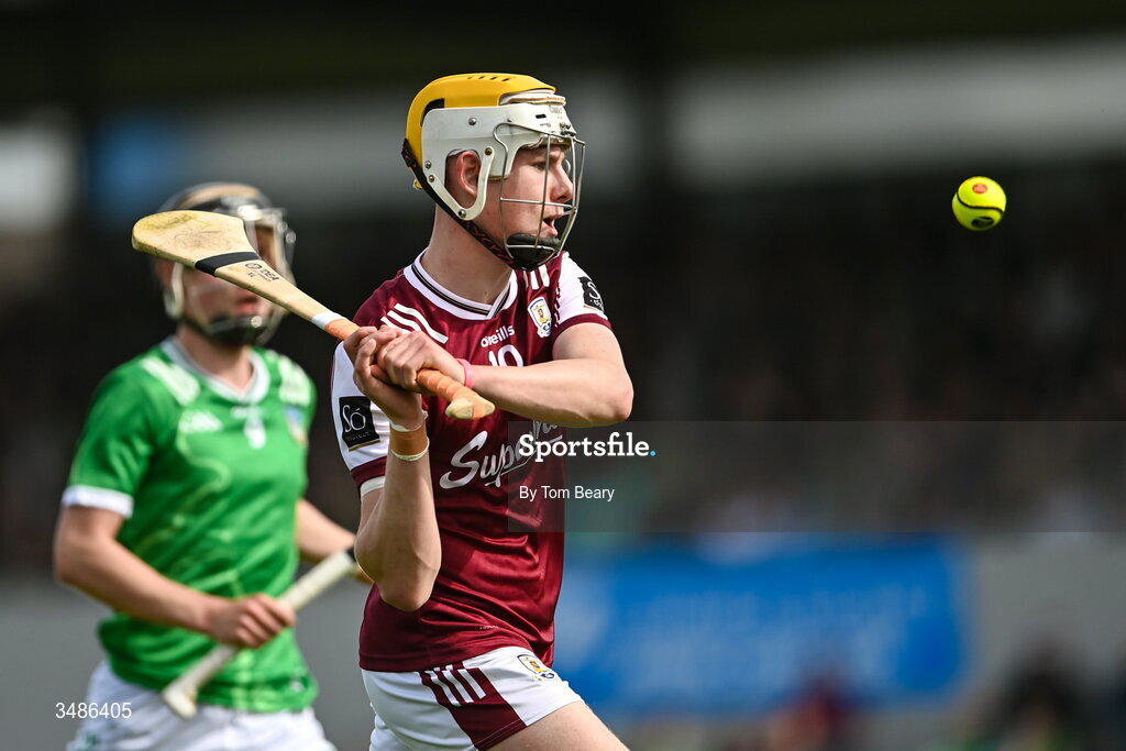 13 June 2026; Eoghan McClearn of Galway scores a point during the Electric Ireland All-Ireland Minor Hurling Championship semi-final match between Galway and Limerick at Zimmer Biomet Páirc Chíosóg in Ennis, Clare. Photo by Tom Beary/Sportsfile