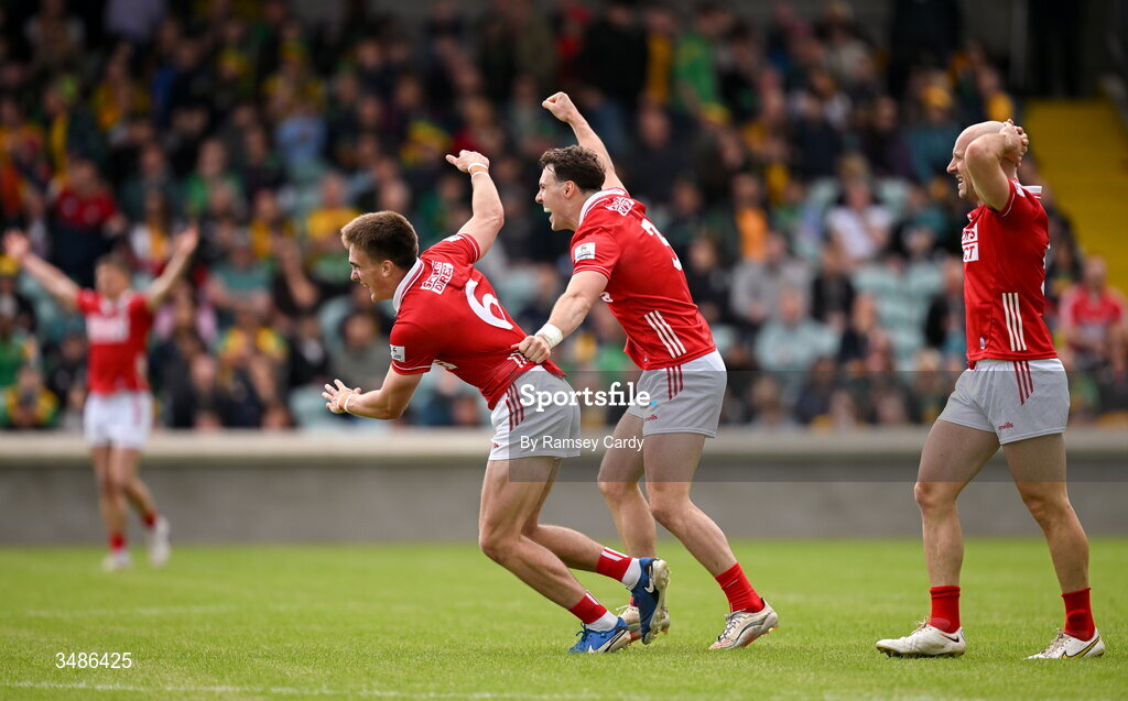13 June 2026; Cork players, from left, Tommy Walsh, Daniel O'Mahony and Brian O'Driscoll celebrate after the GAA Football All-Ireland Senior Championship Round 2A match between Donegal and Cork at MacCumhaill Park in Ballybofey, Donegal. Photo by Ramsey Cardy/Sportsfile