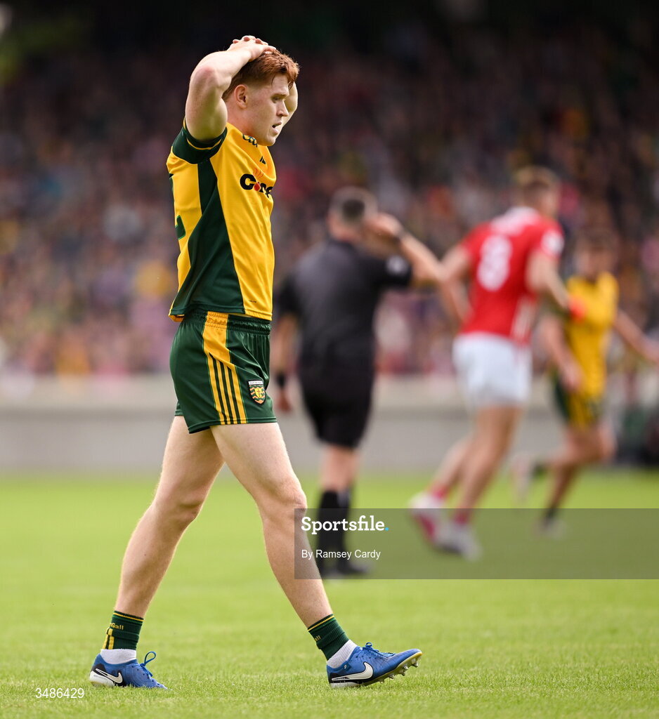 13 June 2026; Ciaran Moore of Donegal dejected during the GAA Football All-Ireland Senior Championship Round 2A match between Donegal and Cork at MacCumhaill Park in Ballybofey, Donegal. Photo by Ramsey Cardy/Sportsfile