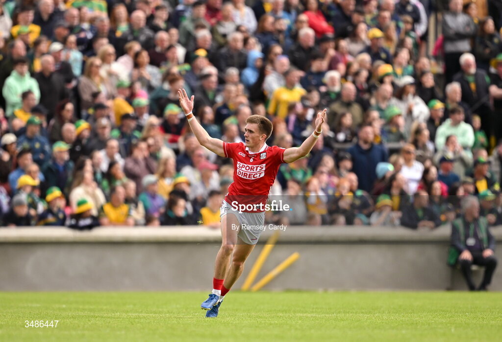 13 June 2026; Tommy Walsh of Cork celebrates a two-point socre during the GAA Football All-Ireland Senior Championship Round 2A match between Donegal and Cork at MacCumhaill Park in Ballybofey, Donegal. Photo by Ramsey Cardy/Sportsfile