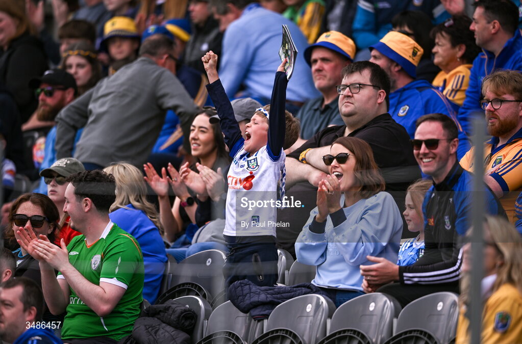 13 June 2026; A Monaghan supporter celebrates during the GAA Football All-Ireland Senior Championship Round 2B match between Monaghan and Roscommon at St. Tiernach's Park in Clones, Monaghan. Photo by Paul Phelan/Sportsfile
