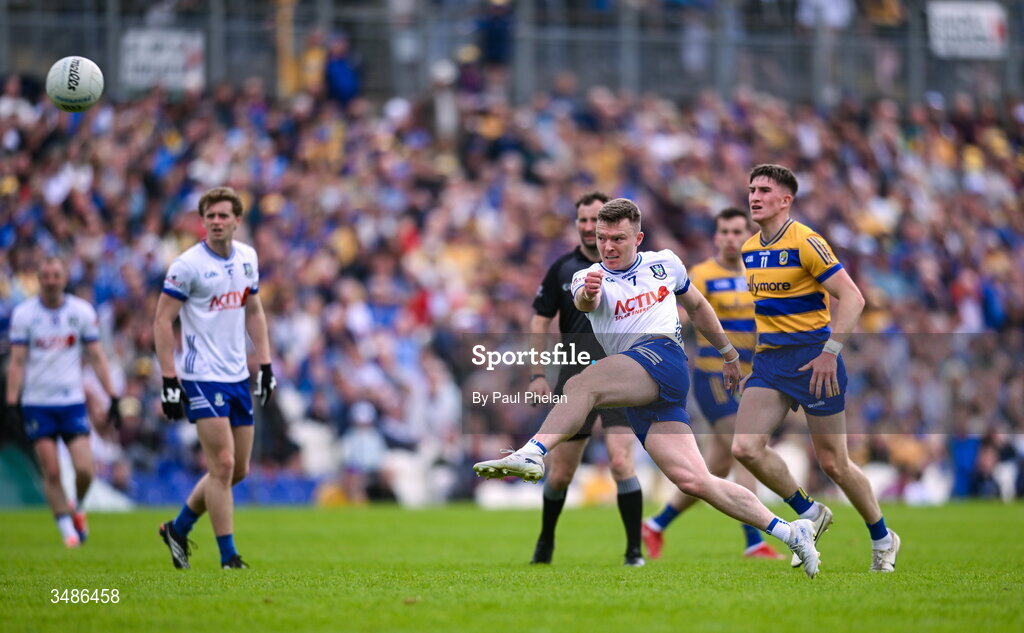 13 June 2026; Conor McCarthy of Monaghan scores a point during the GAA Football All-Ireland Senior Championship Round 2B match between Monaghan and Roscommon at St. Tiernach's Park in Clones, Monaghan. Photo by Paul Phelan/Sportsfile