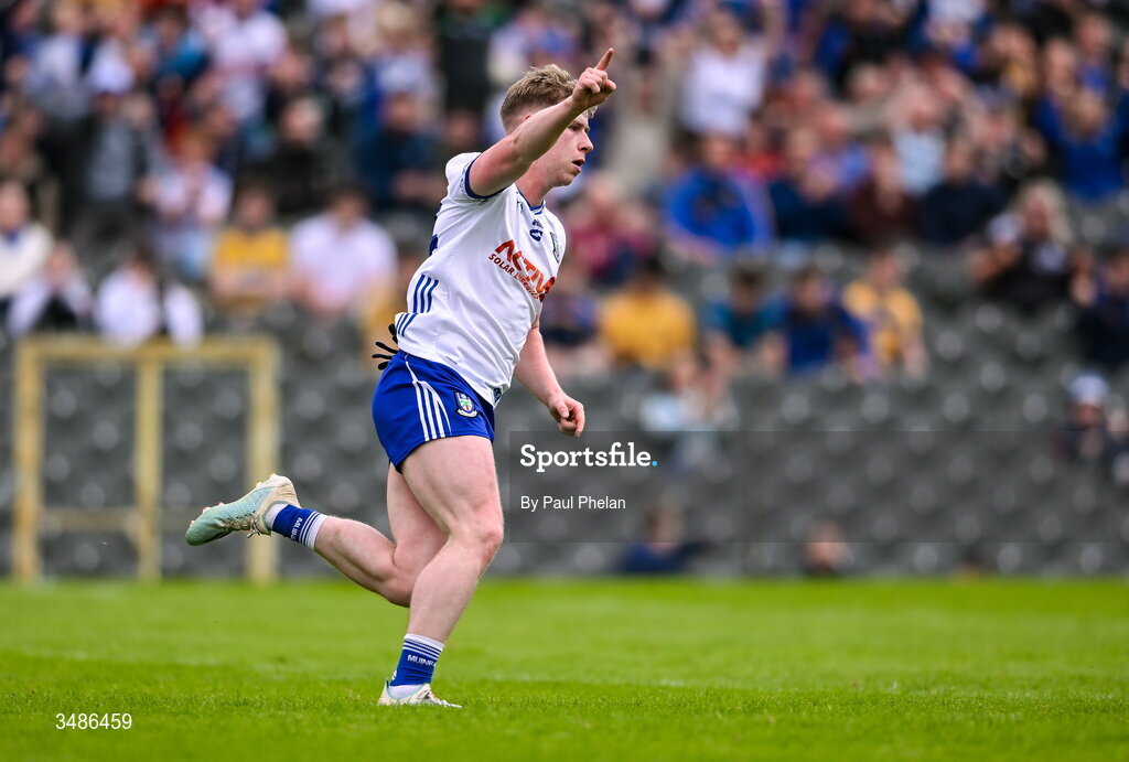 13 June 2026; Stephen Mooney of Monaghan celebrates scoring his side's first goal during the GAA Football All-Ireland Senior Championship Round 2B match between Monaghan and Roscommon at St. Tiernach's Park in Clones, Monaghan. Photo by Paul Phelan/Sportsfile