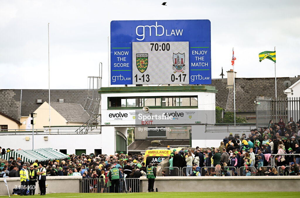 13 June 2026; A general view of the scoreboard after the GAA Football All-Ireland Senior Championship Round 2A match between Donegal and Cork at MacCumhaill Park in Ballybofey, Donegal. Photo by Ramsey Cardy/Sportsfile