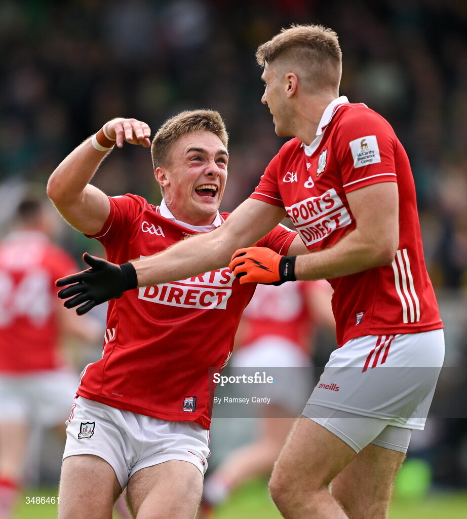 13 June 2026; Tommy Walsh, left, and Ian Maguire of Cork celebrate after the GAA Football All-Ireland Senior Championship Round 2A match between Donegal and Cork at MacCumhaill Park in Ballybofey, Donegal. Photo by Ramsey Cardy/Sportsfile