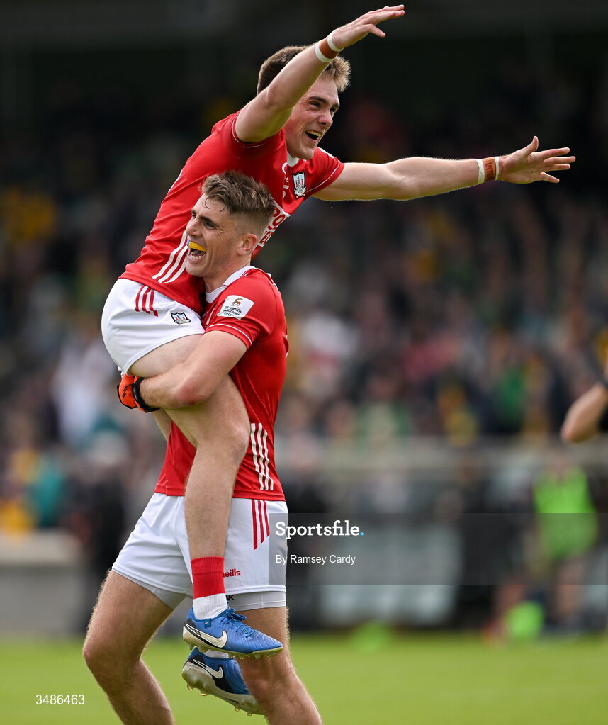 13 June 2026; Tommy Walsh, above, and Ian Maguire of Cork celebrate after the GAA Football All-Ireland Senior Championship Round 2A match between Donegal and Cork at MacCumhaill Park in Ballybofey, Donegal. Photo by Ramsey Cardy/Sportsfile
