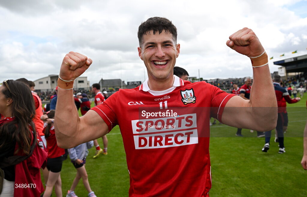 13 June 2026; Seán McDonnell of Cork celebrates after the GAA Football All-Ireland Senior Championship Round 2A match between Donegal and Cork at MacCumhaill Park in Ballybofey, Donegal. Photo by Ramsey Cardy/Sportsfile
