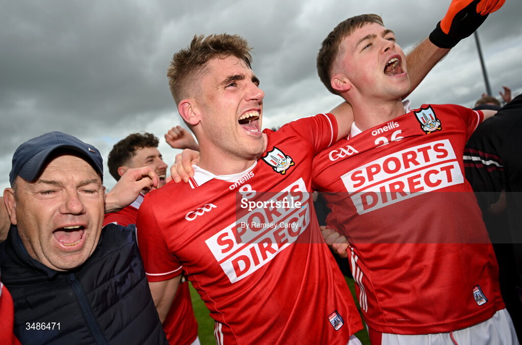 13 June 2026; Ian Maguire and Cathail O'Mahony of Cork celebrate after the GAA Football All-Ireland Senior Championship Round 2A match between Donegal and Cork at MacCumhaill Park in Ballybofey, Donegal. Photo by Ramsey Cardy/Sportsfile