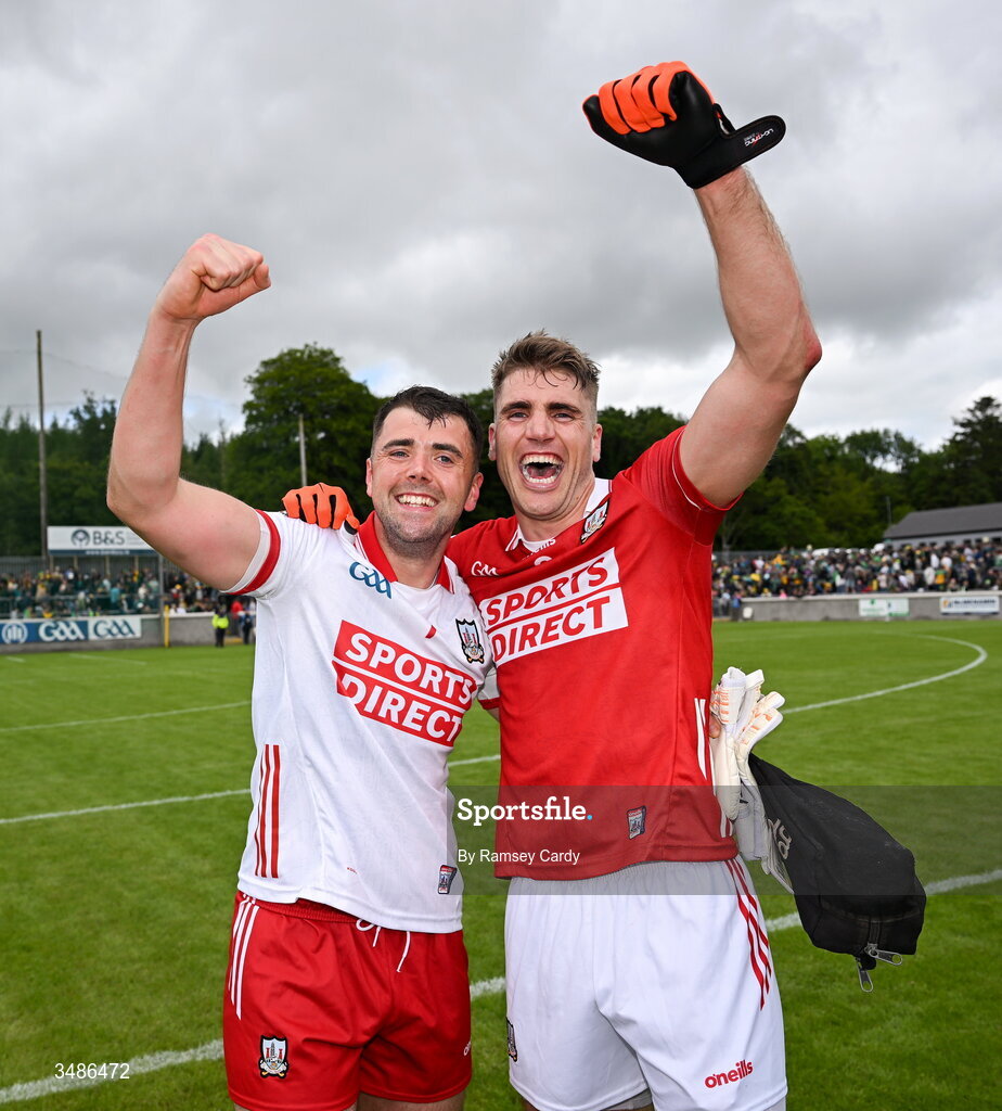 13 June 2026; Patrick Doyle, left, and Ian Maguire of Cork celebrate after the GAA Football All-Ireland Senior Championship Round 2A match between Donegal and Cork at MacCumhaill Park in Ballybofey, Donegal. Photo by Ramsey Cardy/Sportsfile