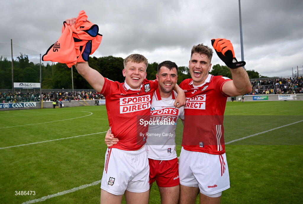 13 June 2026; Dara Sheedy, left, Patrick Doyle, centre, and Ian Maguire of Cork celebrate after the GAA Football All-Ireland Senior Championship Round 2A match between Donegal and Cork at MacCumhaill Park in Ballybofey, Donegal. Photo by Ramsey Cardy/Sportsfile