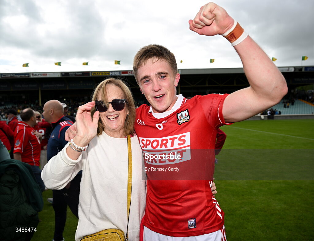 13 June 2026; Tommy Walsh of Cork celebrates with his mother Aine after the GAA Football All-Ireland Senior Championship Round 2A match between Donegal and Cork at MacCumhaill Park in Ballybofey, Donegal. Photo by Ramsey Cardy/Sportsfile