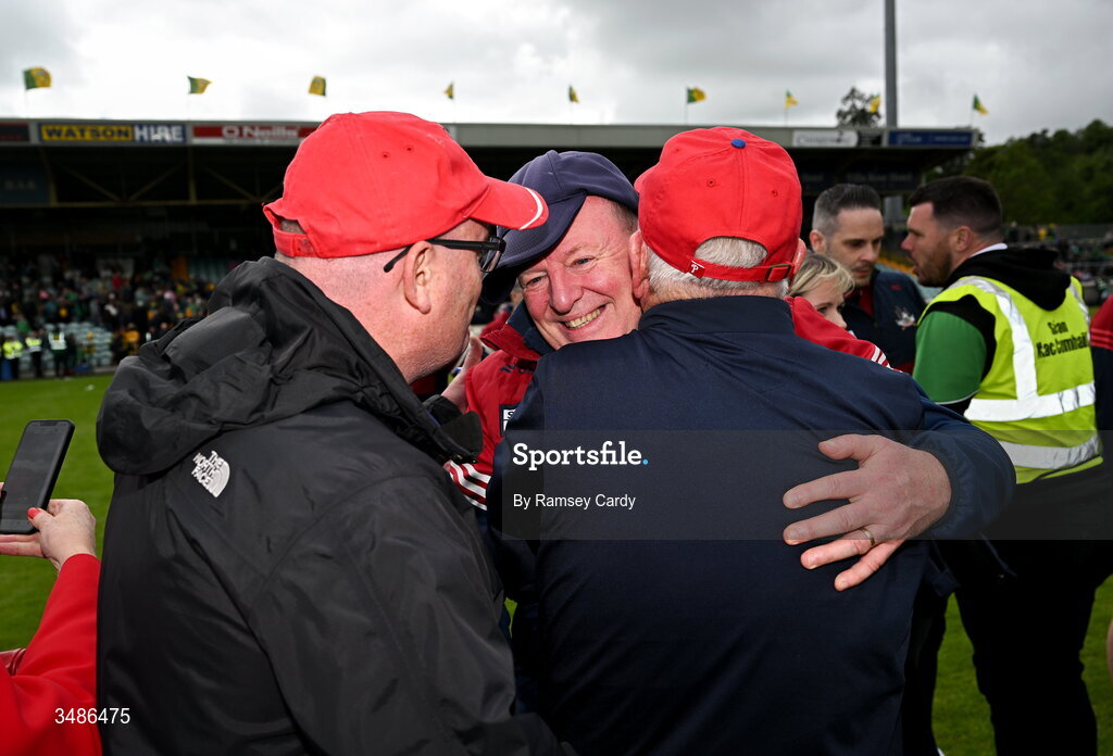 13 June 2026; Cork manager John Cleary celebrates after the GAA Football All-Ireland Senior Championship Round 2A match between Donegal and Cork at MacCumhaill Park in Ballybofey, Donegal. Photo by Ramsey Cardy/Sportsfile