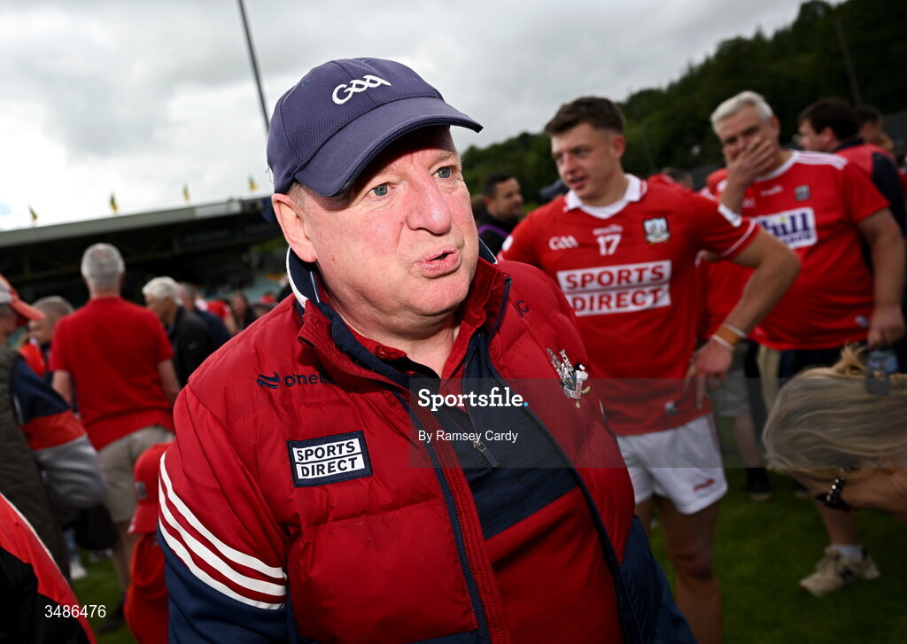 13 June 2026; Cork manager John Cleary celebrates after the GAA Football All-Ireland Senior Championship Round 2A match between Donegal and Cork at MacCumhaill Park in Ballybofey, Donegal. Photo by Ramsey Cardy/Sportsfile