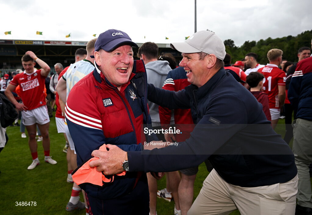 13 June 2026; Cork manager John Cleary celebrates after the GAA Football All-Ireland Senior Championship Round 2A match between Donegal and Cork at MacCumhaill Park in Ballybofey, Donegal. Photo by Ramsey Cardy/Sportsfile