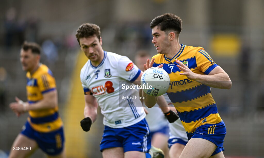 13 June 2026; Senan Lambe of Roscommon in action against Killian Lavelle of Monaghan during the GAA Football All-Ireland Senior Championship Round 2B match between Monaghan and Roscommon at St. Tiernach's Park in Clones, Monaghan. Photo by Paul Phelan/Sportsfile