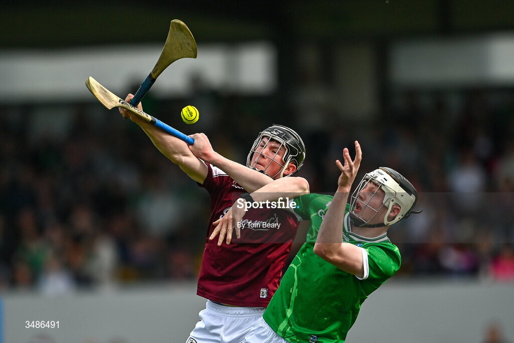 13 June 2026; Diarmuid Crowe of Limerick in action against Cathal Donoghue of Galway during the Electric Ireland All-Ireland Minor Hurling Championship semi-final match between Galway and Limerick at Zimmer Biomet Páirc Chíosóg in Ennis, Clare. Photo by Tom Beary/Sportsfile