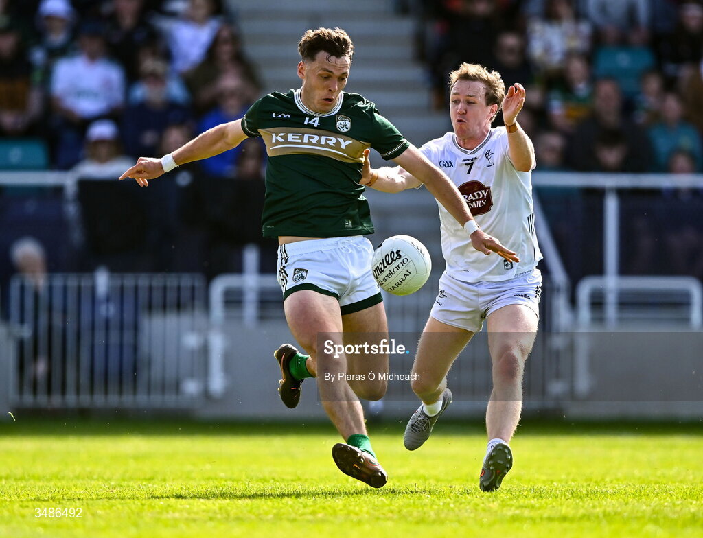 13 June 2026; David Clifford of Kerry in action against Brian Byrne of Kildare during the GAA Football All-Ireland Senior Championship Round 2B match between Kildare and Kerry at Cedral St Conleth's Park in Newbridge, Kildare. Photo by Piaras Ó Mídheach/Sportsfile