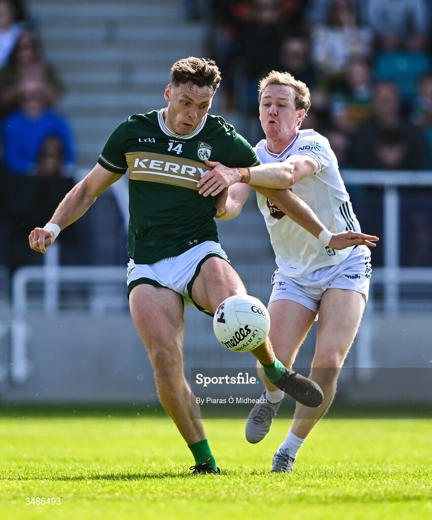 13 June 2026; David Clifford of Kerry in action against Brian Byrne of Kildare during the GAA Football All-Ireland Senior Championship Round 2B match between Kildare and Kerry at Cedral St Conleth's Park in Newbridge, Kildare. Photo by Piaras Ó Mídheach/Sportsfile