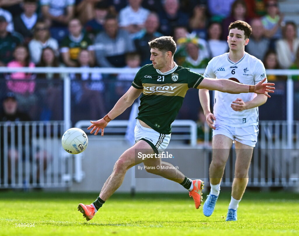 13 June 2026; Paul Geaney of Kerry in action against Padraic Spillane of Kildare during the GAA Football All-Ireland Senior Championship Round 2B match between Kildare and Kerry at Cedral St Conleth's Park in Newbridge, Kildare. Photo by Piaras Ó Mídheach/Sportsfile