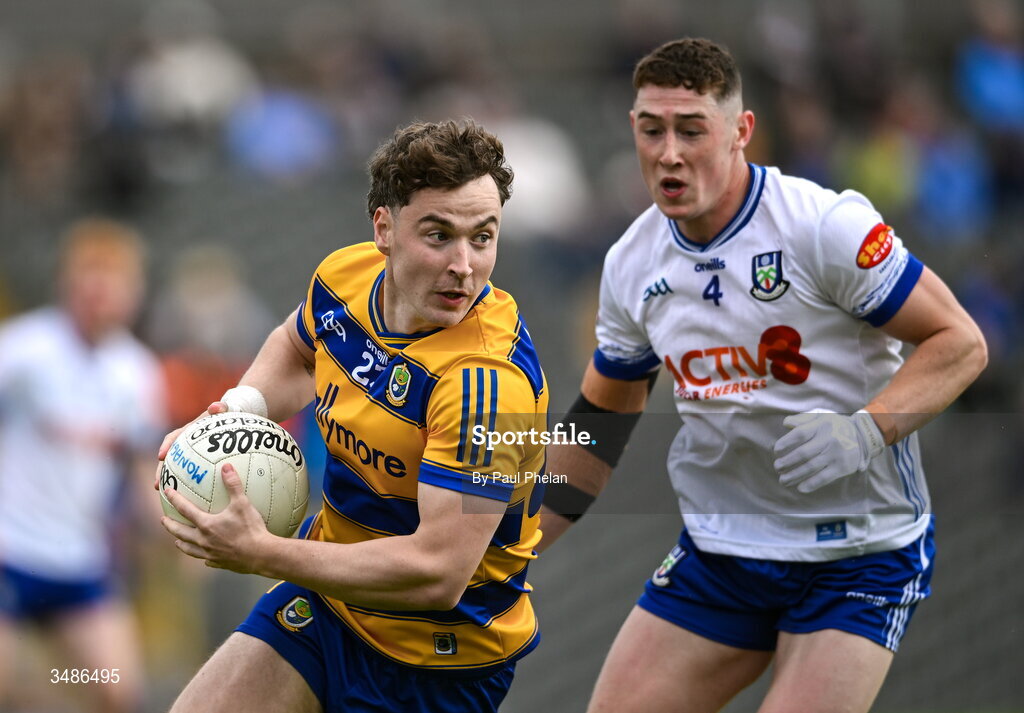 13 June 2026; Cian Mckeon of Roscommon in action against Dylan Byrne of Monaghan during the GAA Football All-Ireland Senior Championship Round 2B match between Monaghan and Roscommon at St. Tiernach's Park in Clones, Monaghan. Photo by Paul Phelan/Sportsfile