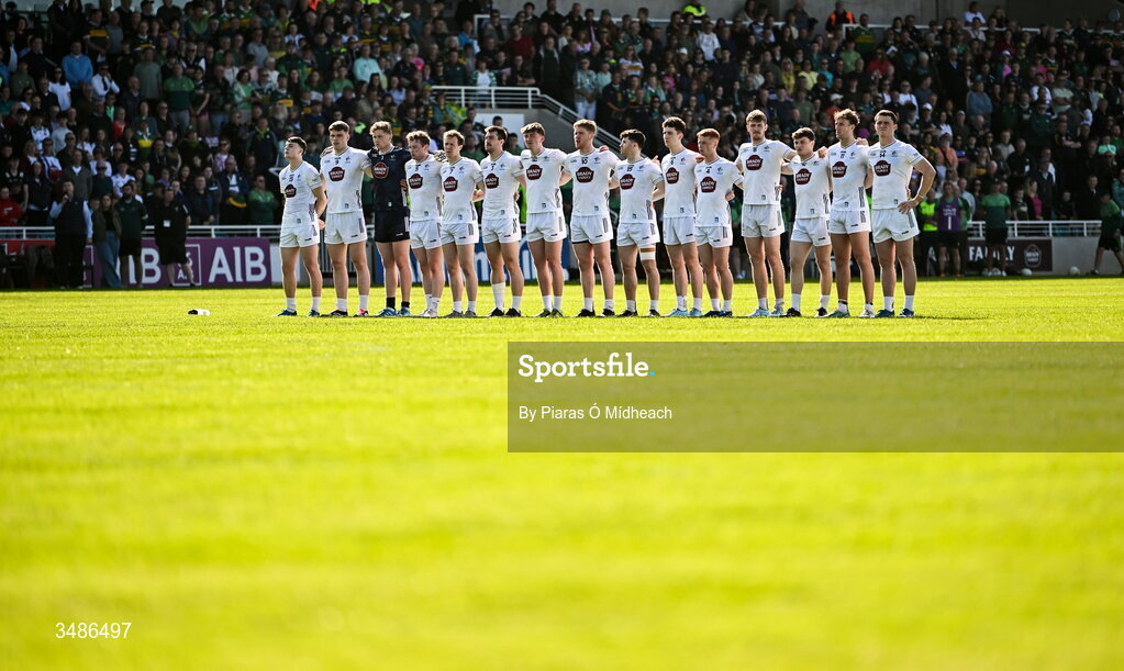 13 June 2026; Kildare players stand for Amhrán na bhFiann before the GAA Football All-Ireland Senior Championship Round 2B match between Kildare and Kerry at Cedral St Conleth's Park in Newbridge, Kildare. Photo by Piaras Ó Mídheach/Sportsfile
