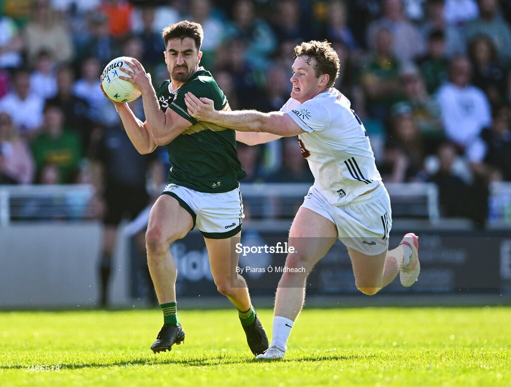 13 June 2026; Brian Ó Beaglaoich of Kerry in action against James McGrath of Kildare during the GAA Football All-Ireland Senior Championship Round 2B match between Kildare and Kerry at Cedral St Conleth's Park in Newbridge, Kildare. Photo by Piaras Ó Mídheach/Sportsfile