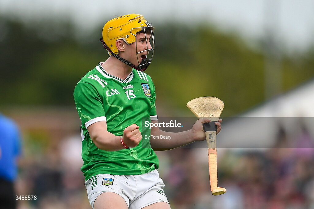 13 June 2026; Rian Horgan of Limerick celebrates after scoring a point during the Electric Ireland All-Ireland Minor Hurling Championship semi-final match between Galway and Limerick at Zimmer Biomet Páirc Chíosóg in Ennis, Clare. Photo by Tom Beary/Sportsfile