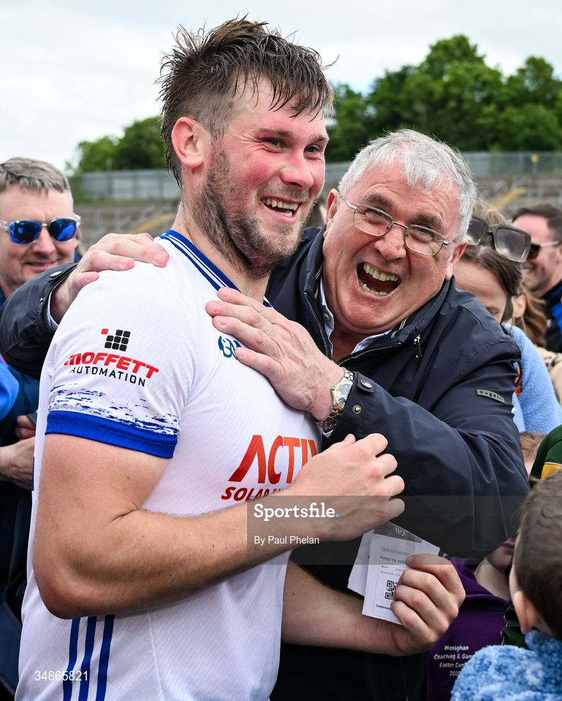 13 June 2026; Andrew Woods of Monaghan celebrates with a former Monaghan player Gerry McCarville after the GAA Football All-Ireland Senior Championship Round 2B match between Monaghan and Roscommon at St. Tiernach's Park in Clones, Monaghan. Photo by Paul Phelan/Sportsfile