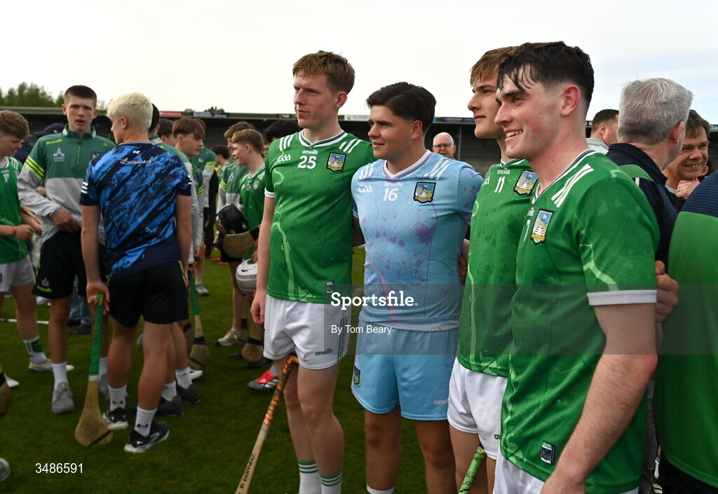 13 June 2026; Limerick players, from left, John Murray, Ryan Foley and Eoin Hennessy pose for photos after the Electric Ireland All-Ireland Minor Hurling Championship semi-final match between Galway and Limerick at Zimmer Biomet Páirc Chíosóg in Ennis, Clare. Photo by Tom Beary/Sportsfile