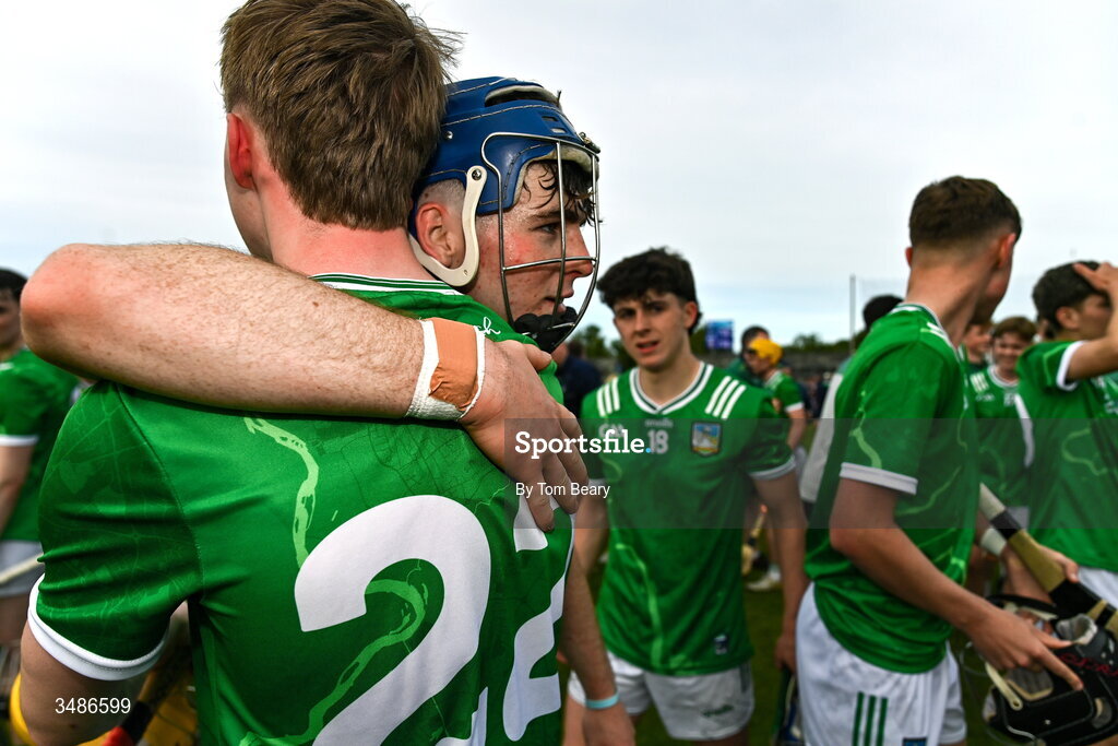 13 June 2026; Shane Waters of Limerick celebrates with teammates after his side's victory in the Electric Ireland All-Ireland Minor Hurling Championship semi-final match between Galway and Limerick at Zimmer Biomet Páirc Chíosóg in Ennis, Clare. Photo by Tom Beary/Sportsfile