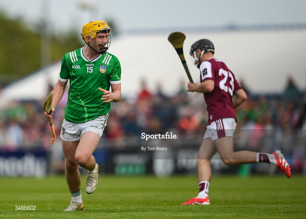 13 June 2026; Rian Horgan of Limerick celebrates after scoring a point during the Electric Ireland All-Ireland Minor Hurling Championship semi-final match between Galway and Limerick at Zimmer Biomet Páirc Chíosóg in Ennis, Clare. Photo by Tom Beary/Sportsfile